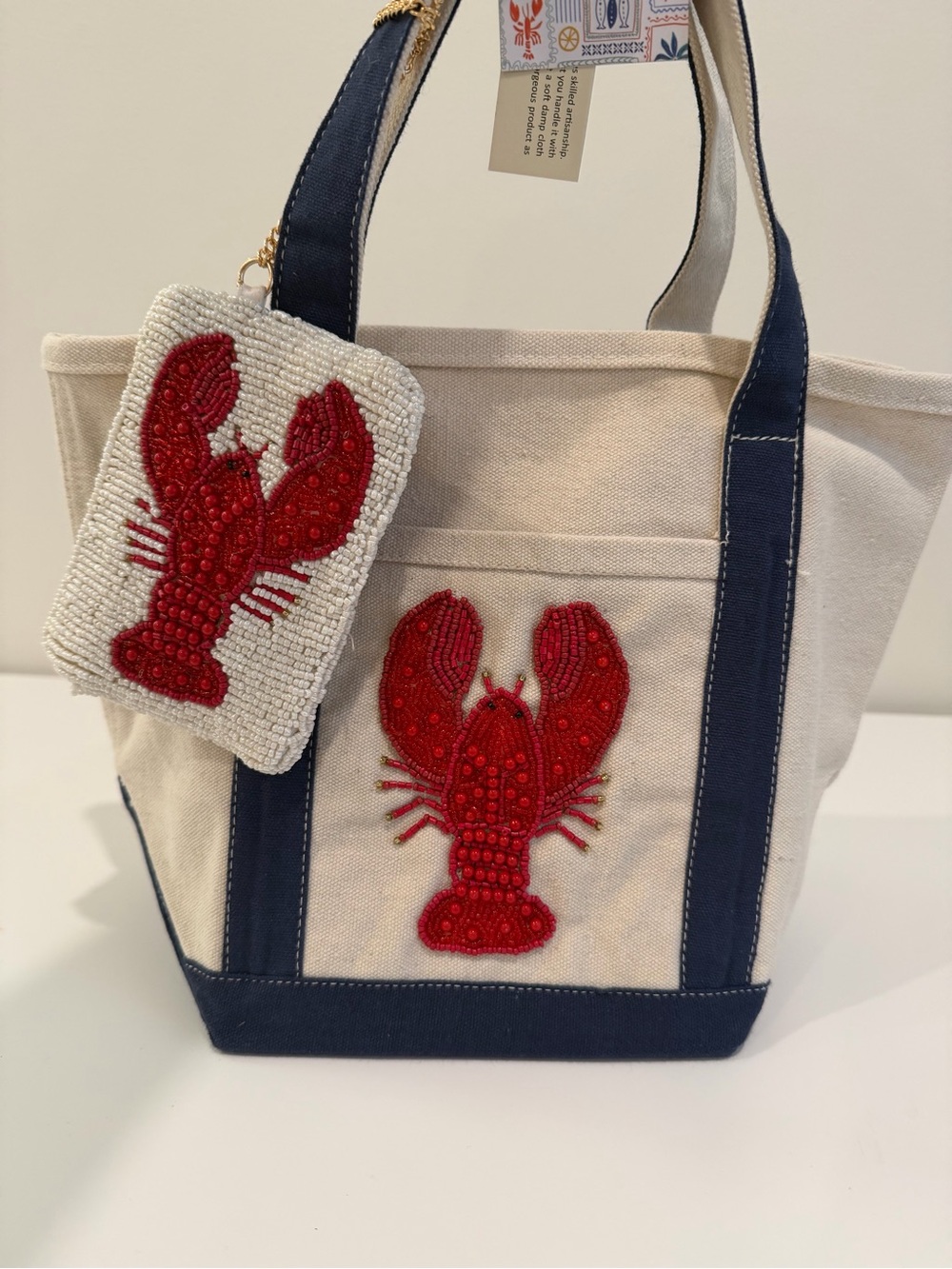 Beaded Lobster Canvas Tote Bag with Coin Pouch - Navy & Cream
